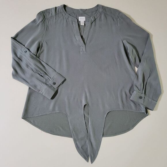 Chico's Madison Tie Front Hi-Low Fatigue Green Long Sleeve Top - Picture 6 of 16
